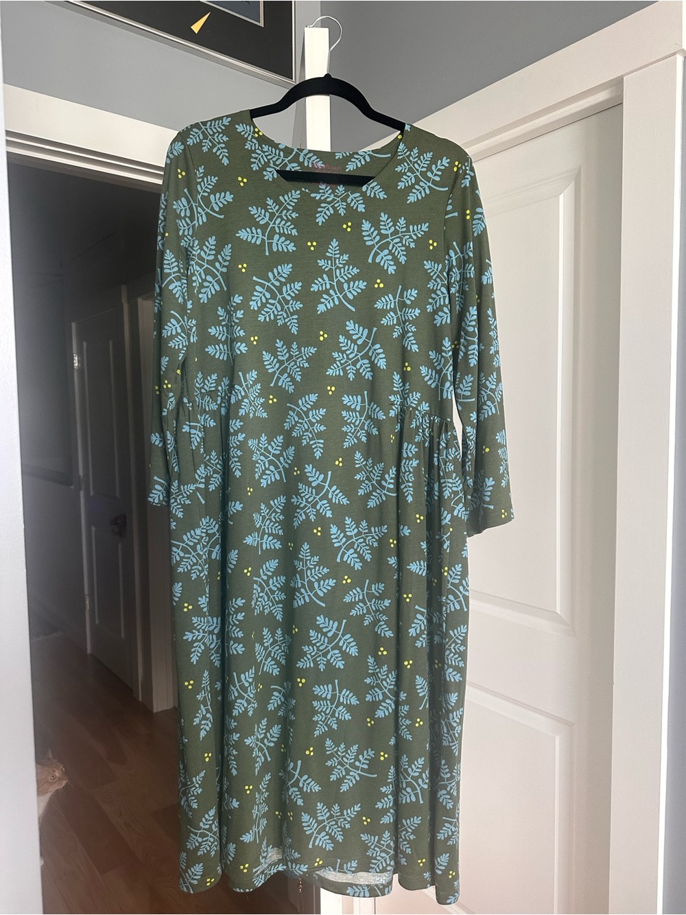 Gudrun Sjoden Olive Green Midi Dress with Blue Leaf Print and Yellow Dots